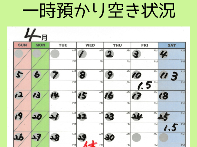 🌸4〜5月の一時預かり空き状況🌸　【4/9(木) 11:30現在】